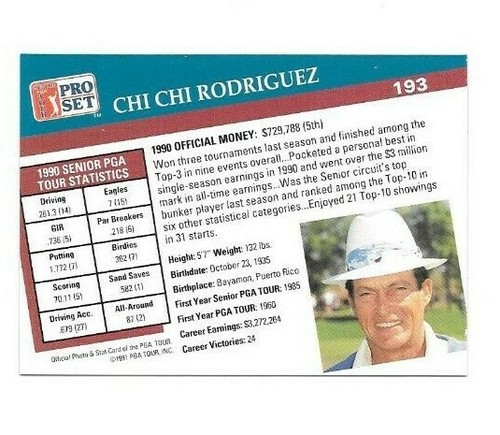 CHI CHI RODRIGUEZ 1991 PROSET PGA TOUR CARD # 193 FREE SHIPPING  - Picture 2 of 2