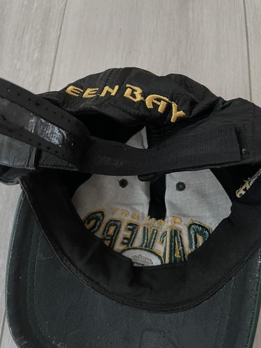 Cappello Berretto Vintage Green Bay Packers NFL Nero/Verde 100% Pelle Regolabile Strapback - Foto 7 di 8