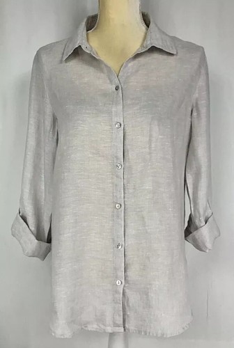 Sigrid Olsen Women Tunic Blouse Shirt Top Medium Linen Button Down Roll Tab Gray