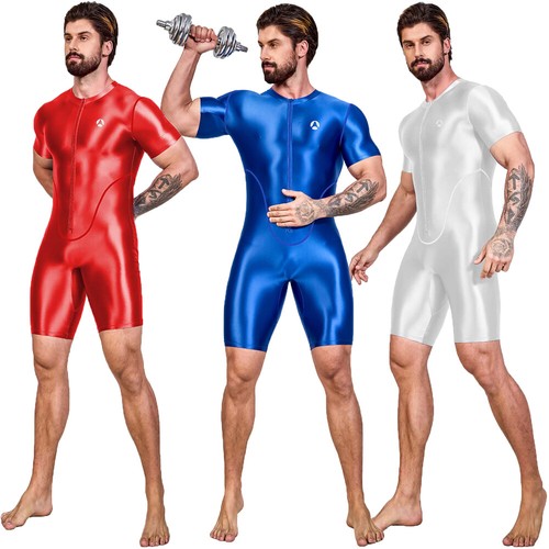 AMORESY Men Oil Satin Tracksuits Running Short Sleeve Bodysuits Fitness Leotards - Picture 2 of 29