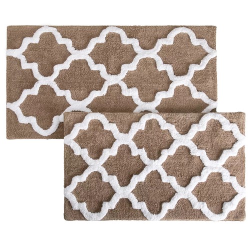 2 Stück Luxuriös 100% Gekämmte Baumwolle Badvorleger Matte Set, Geometrisch Hellbraun/Weiß Neu