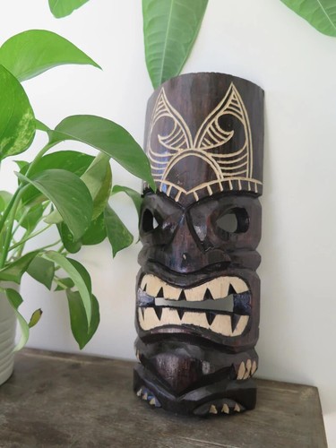 Hawaii Hand Made Carved Wooden 12" Tiki Painted Mask Wall Decor Hanging Man Cave - Picture 1 of 4