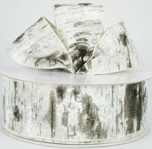 1.5" / 2.5" Wired ribbon birch bark tree canvas grey off white 5yds CHOOSE WIDTH - Picture 1 of 12