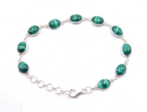 8.70 Gm 925 Sterling Silver Natural Malachite Cab Gemstone Fine Bracelet 8.1" - Picture 2 of 4