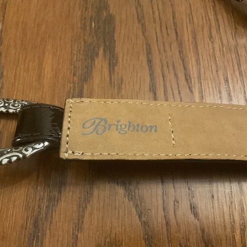 BRIGHTON 36 Brown Patent Croc Leather Silver Scroll Metal Link Belt Stretch NWOT - Bild 4 von 7