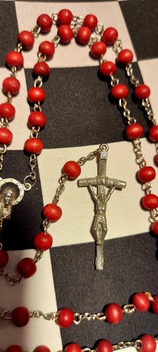 Rare Red Stained Wooden Beads Vintage Rosary Chaplet Italy Blessed Prayer Beads  - Picture 4 of 7