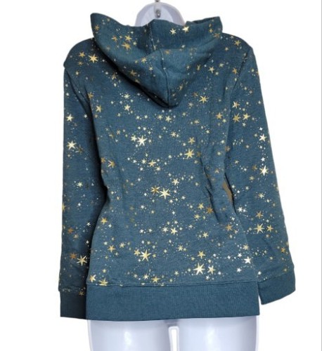 Girls Long Sleeve Hoodie Jacket Dark Green Star Printed Zip Up Fleece Size Large - Picture 2 of 6