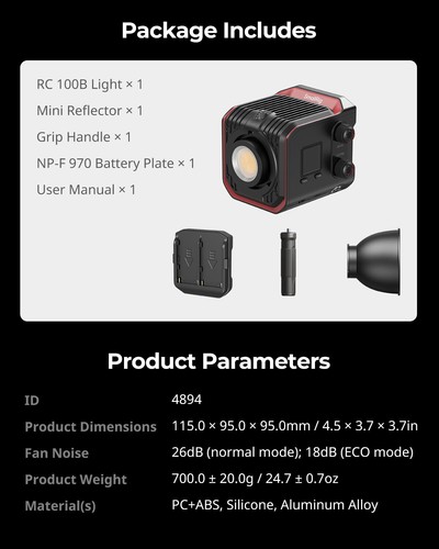 SmallRig RC 100B COB Lumière Vidéo avec Poignée, Lumière Vidéo Bicolore 2700K-6500K - Photo 8 sur 9