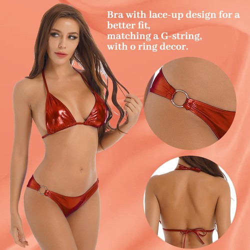 UK Women 2Pcs Shiny Metallic Bikini Wetlook Sexy Lingerie Set Underwear Swimsuit - Picture 8 of 124