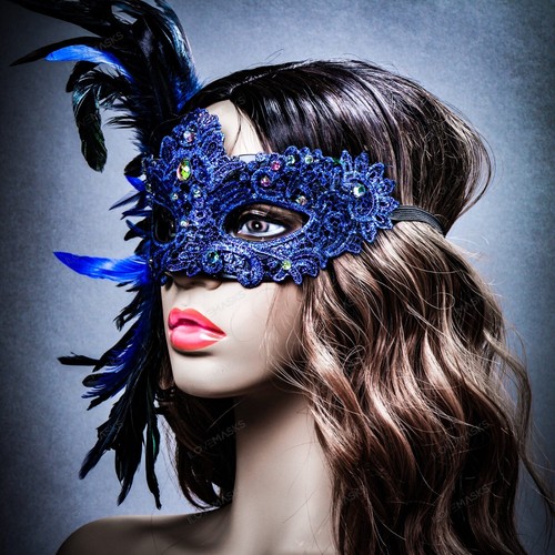 Blue Side Feather Venice Carnival Masquerade Venetian Mardi Gras Women Eye Mask - Picture 4 of 9