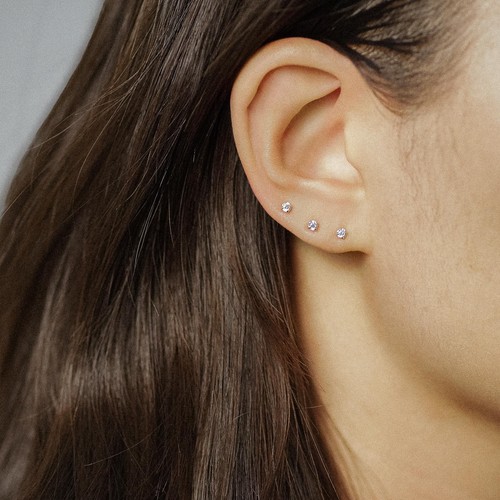 14K REAL Solid Gold Round Cubic Zirconia Internal Flat Back Ear Piercing 18G - Picture 7 of 12