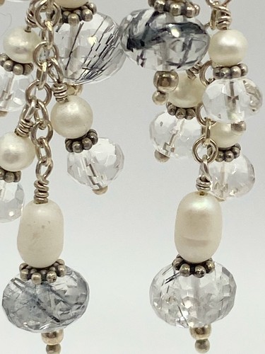 Sterling Silber 925 Perle, klar & turmalinierter Quarz Cluster Ohrhänger - Bild 5 von 6