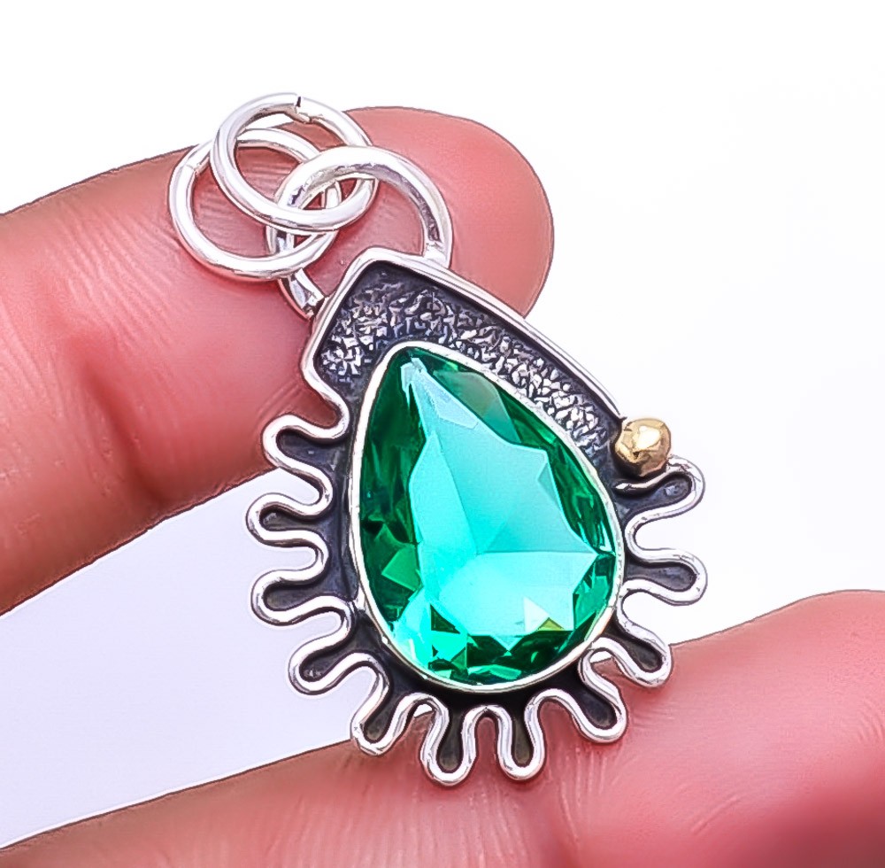 Emerald Simulated Sterling Silver Handmade Designer Pendant 1.50 Inch