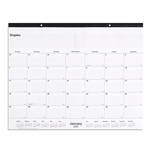 Staples 2026 Jahr 21,75" x 17" Monatliche Schreibtischunterlage Kalender, weiß/schwarz - Bild 10 von 11