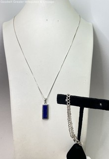 Artisan 925 Sterling Lapis Lazuli Pendant Necklace W/ Chain Bracelet 11.4g