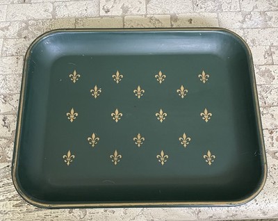 E T Nash Co. Vintage Green Metal Tray &Gold Fleur De Lis