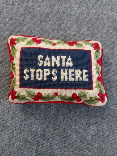 Vtg Wool Needlepoint Pillow Santa Stops Here Christmas Accent Holiday Holly 9x7