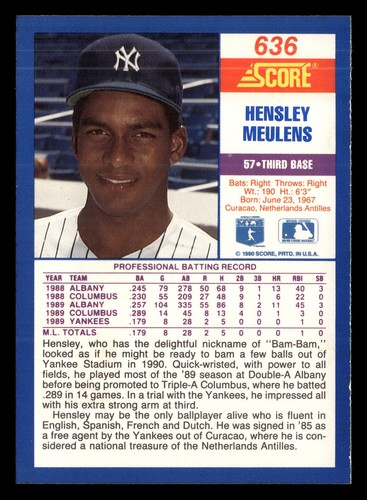 Hensley Meulens 1990 Score #636 New York Yankees BASEBALL *076 - Picture 2 of 2