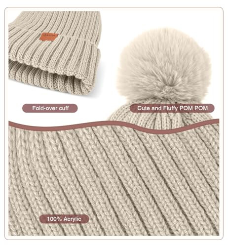Conjunto de guantes gorro de invierno para mujer, forrado de vellón tejido cálido pompón talla única avena - Imagen 4 de 6
