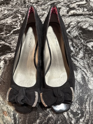 Bandolino Wedge Heels Peep Toe Black Size 7M Leather Textile Upper - Picture 2 of 8
