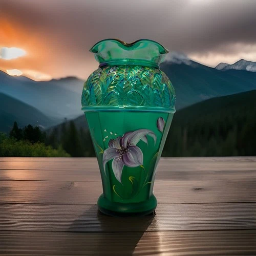 Fenton Hand Painted Lily Vase 8 1/4" Emerald Green QVC 2001 Signed Bill Fenton