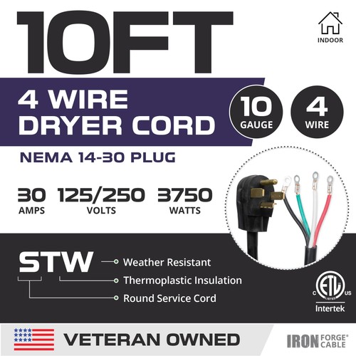 4 Prong Dryer Cord 10 ft, Black 10/4 NEMA 14-30 Plug 30 Amp Extension Cord 10... - Picture 2 of 7