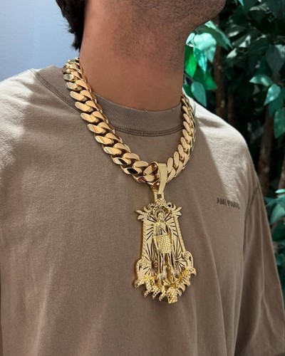 Cadena Cubana Chapada en Oro Amarillo 14K con Colgante Personalizado Peso Pesado 850g 24MM 22 - Imagen 6 de 11