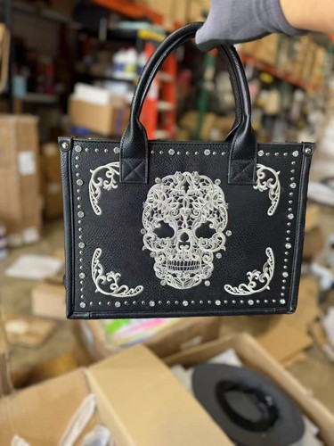 Montana West Black Embroider Sugar Skull Conceal Carry Tote/Crossbody Wallet Set - Picture 5 of 12