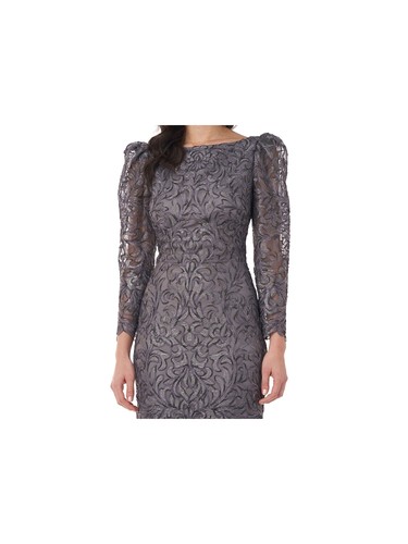 JS COLLECTION Womens Gray V-back Pouf Sleeve Boat Neck Midi Evening Dress 4 - Picture 11 of 11