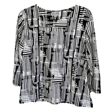 JM COLLECTION TOP P/L Black & Cream Geometric, Stretchy, Scoop Neck, 3/4 Sleeves