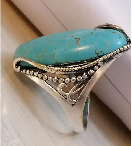 Vintage Silver 925 Ring Size 18.5 Natural Large Turquoise Beauty Mark Jewelry - Picture 1 of 9
