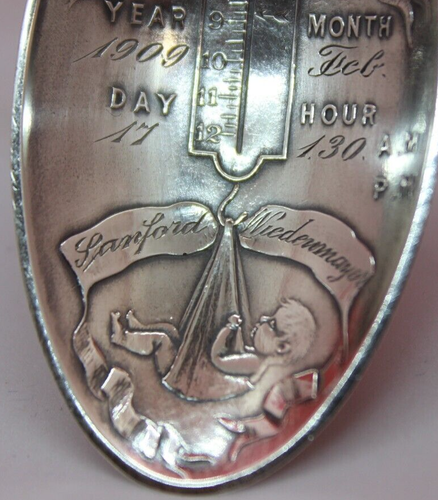 5 7/8" Stork Birth Record Infant Feeding Spoon By Mauser (1887) 30g Engraved - Picture 5 of 15