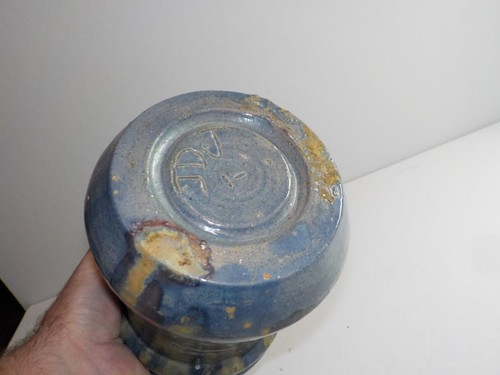 Jarrón de cerámica lanzado a mano de colección soporte para utensilios frasco de barro azul esmalte goteo MCM - Imagen 6 de 7