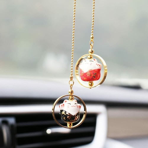 Cute Lucky Cat Ceramic Car Rearview Mirror Hanging Ornament Car Interior Decor - Bild 29 von 45