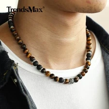 8mm 18/20/24" Natural Tiger Eye Lava Rocks Bead Necklace Stainless Steel Toggle