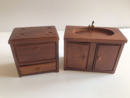 Posten 7 Stück Vintage Handarbeit Holz Puppenhaus Möbel Küche Kommode Kühlschrank - Bild 8 von 12