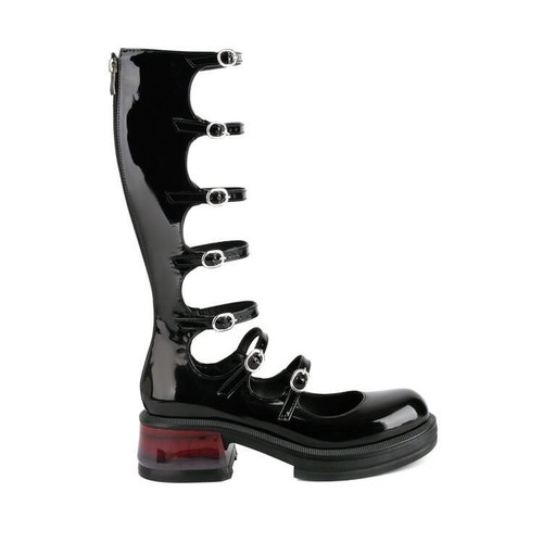 Women's Mid Cuban Heels Calf Boots Roman Straps Cosplay Multi Buckles Shoes Lady - Picture 8 of 16