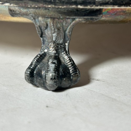 Silverplate Prill Silver Co Footed Tray 10” Lion Crest Etching Claw Feet Vintage - Picture 9 of 15