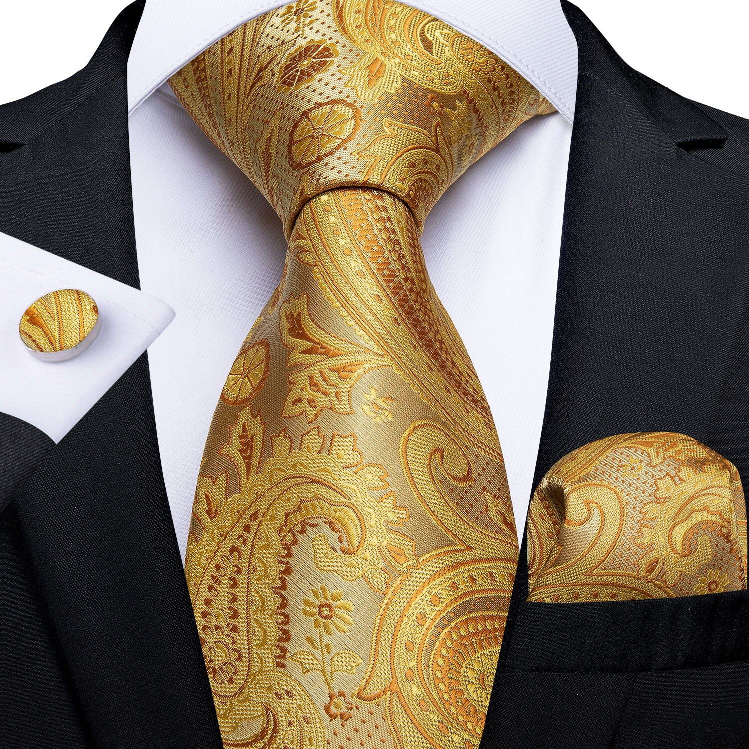 Gold Yellow Brown Paisley Checks Silk Tie Set Necktie Hanky Cufflinks ...