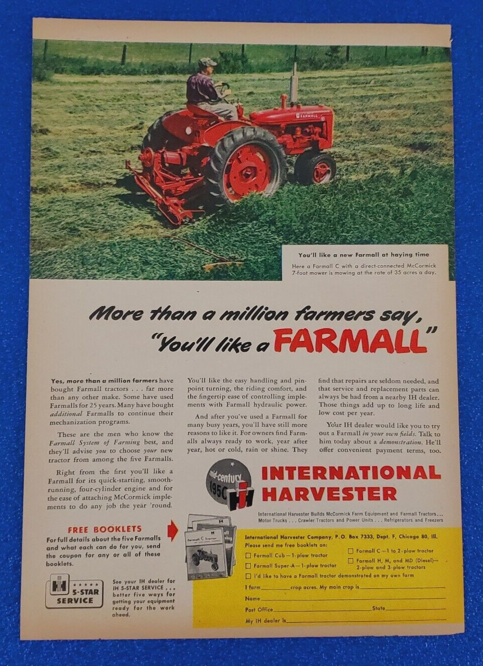 1950s INTERNATIONAL HARVESTER ORIGINAL PRINT AD FARMALL C WITH 7 FOOT MOWER
