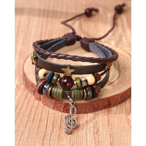 Vintage Boho Faux Leather Braided Music Symbol Bead Bangle Handmade - Bild 4 von 5