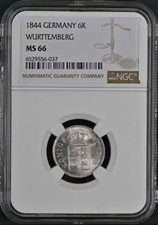 :1844 6-KREUZER GERMAN STATE WURTTEMBERG WILHELM I NGC MS66 RARE R10 UNIQUE 1/0