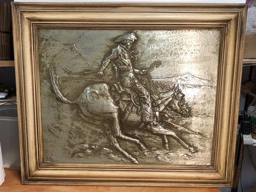 Art Pewter Relief Sculpture Signed, Numbered, Framed Cowboy - Bild 1 von 5