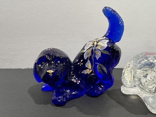 Fenton Glass Playful Puppy Hand Painted Clear and Cobalt Blue - Picture 2 of 12