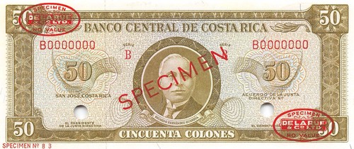 Costa Rica 50 Colones ND. P 232s Series B Specimen Uncirculated Banknote
