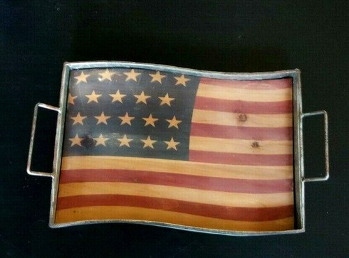 Galvanized Metal Tray Wood Bottom Rustic American Flag Bar Serving Tray 14x9 - Picture 3 of 10
