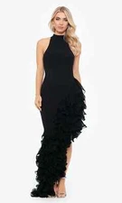 Betsy & Adam Black Ruffle Detail Asymmetric Body-Con Ponte Gown Size 10 $340
