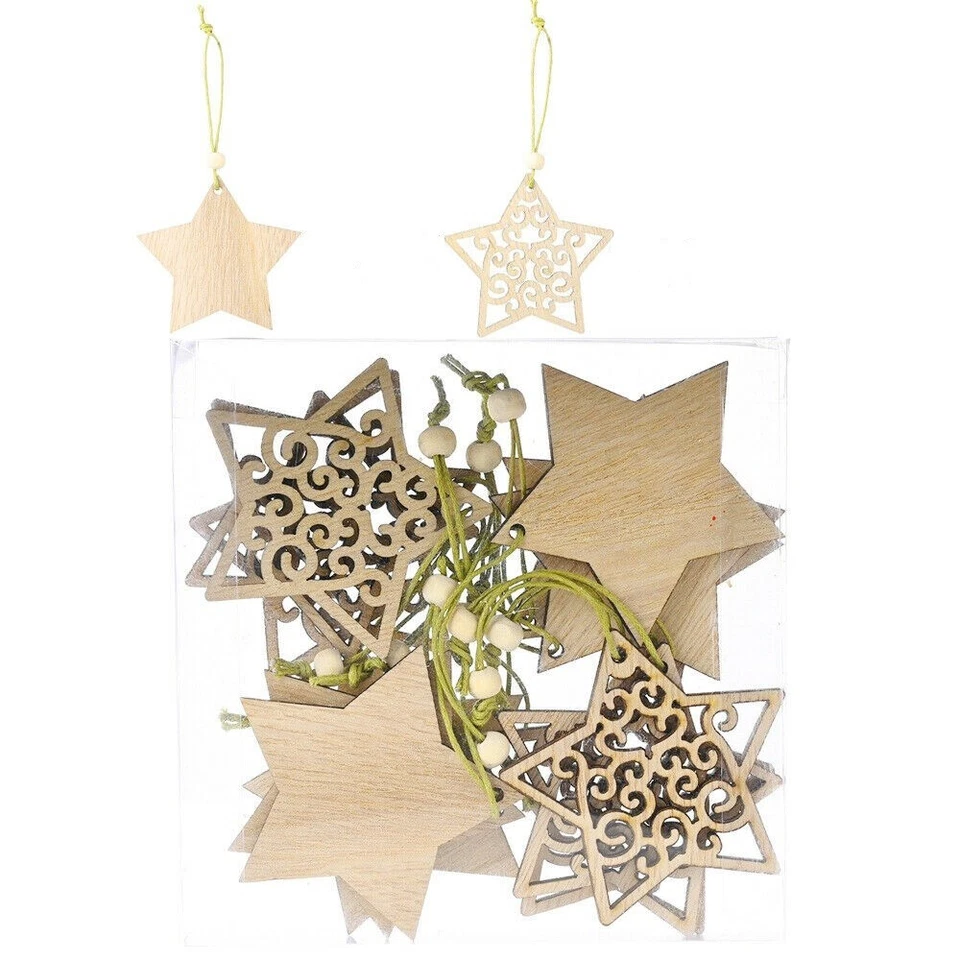 Xmas Party 12PCS Natural Cutout Wooden Xmas Tree Star Hanging Decoration Gift