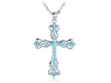 Silver Tone Blue Synthetic Turquoise Aqua Crystal Rhinestone Holy Cross Pendant
