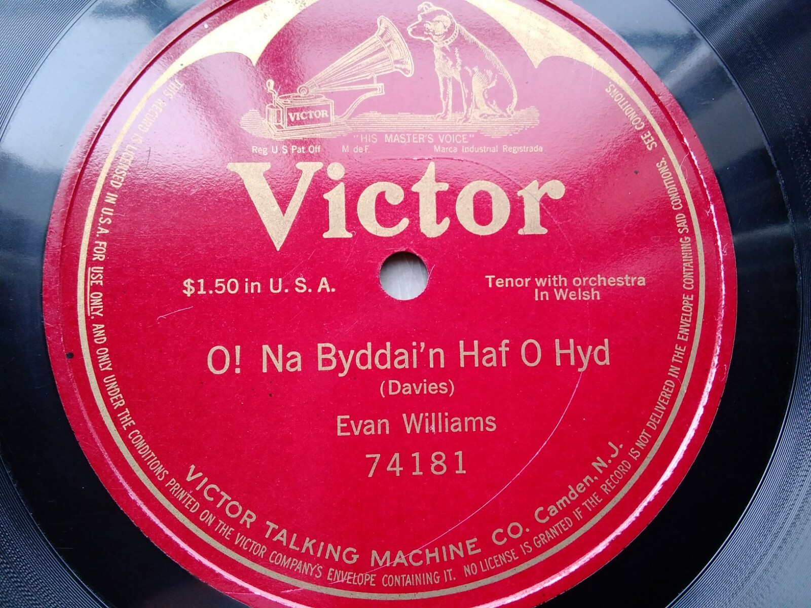 Evan Williams 78rpm Single 12inch Victor Records #74181 O! Na Byddai'n Haf O Hyd